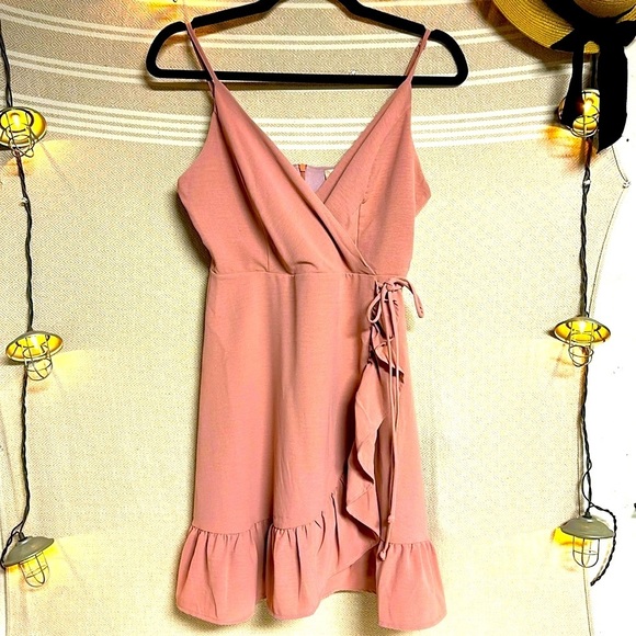 Blush Pink Wrap Mini Dress – Ruffle Hem, Adjustable Waist, Minor Flaw - Picture 3 of 11